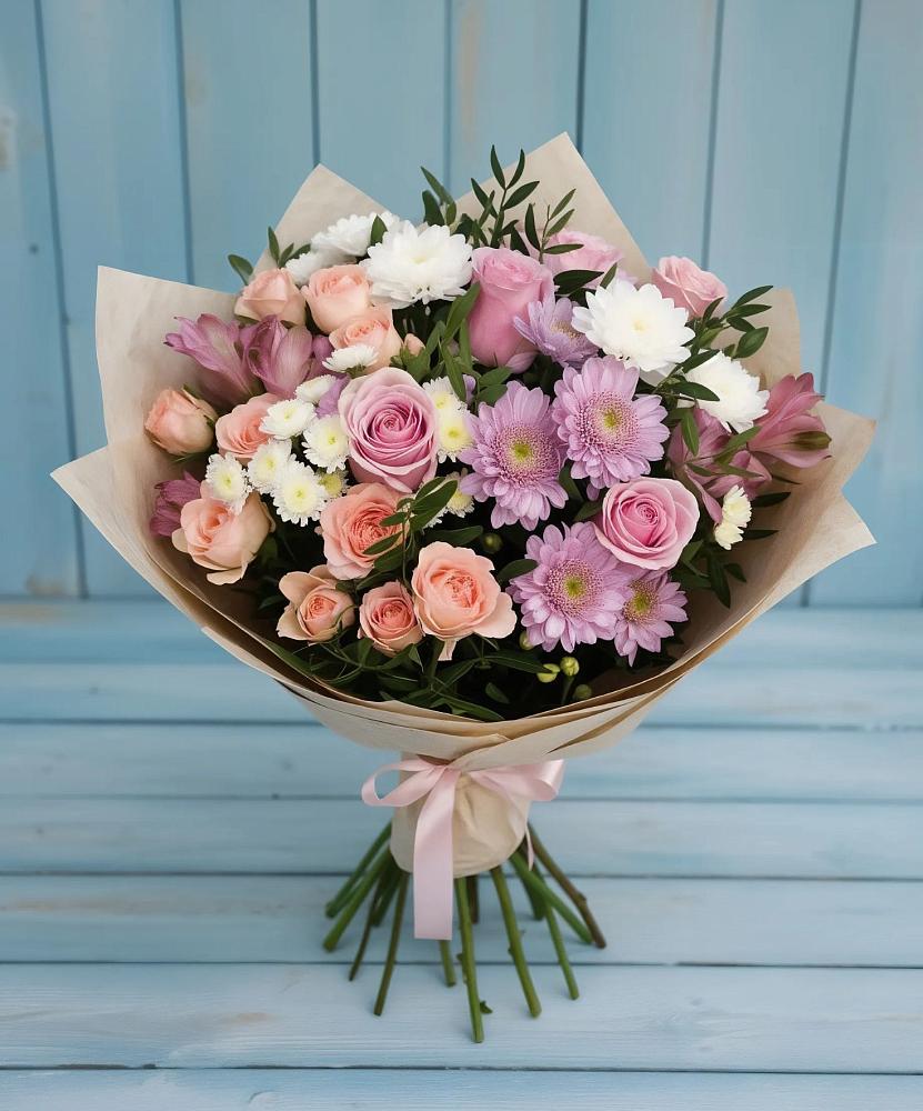 Букет цветов из: Хризантемы, Розы и Альстромерии в Рассвет