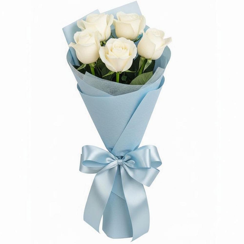 Букет 5 Белых роз Проуд в Рассвет