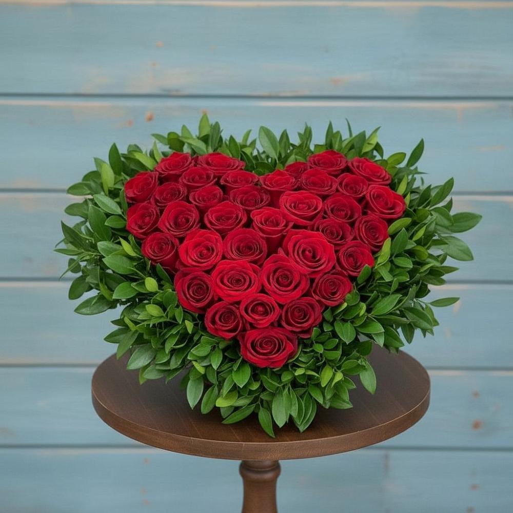 Цветочная композиция из Розы в виде сердца в Рассвет