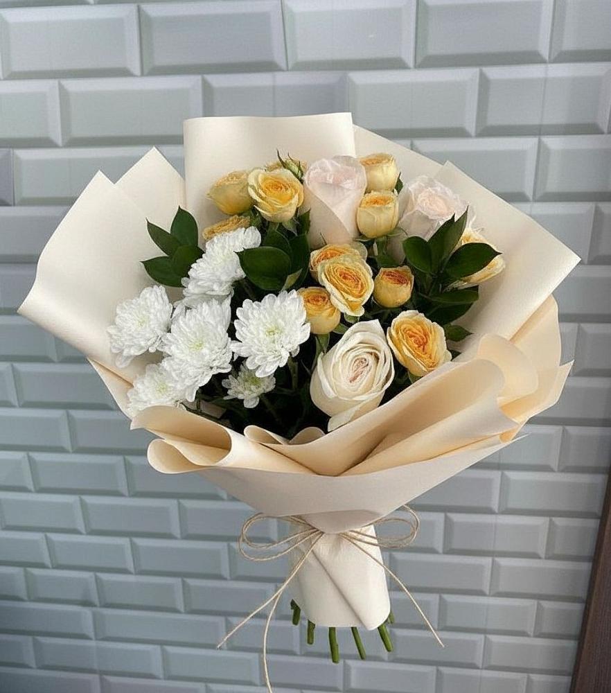 Букет цветов из: Розы и Хризантемы в Рассвет