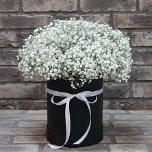 Цветочная композиция из Гипсофила в шляпной коробке в Рассвет