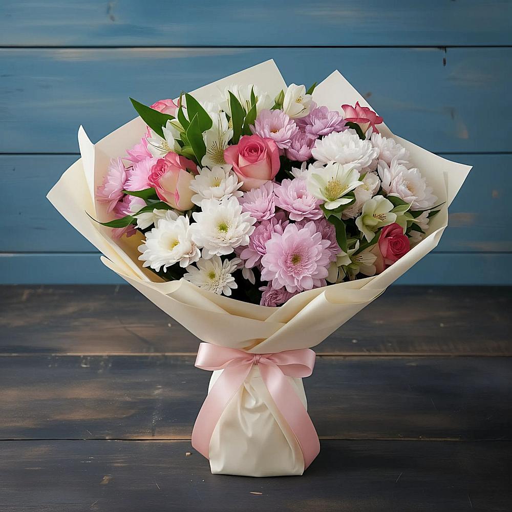 Букет цветов из: Хризантемы, Альстромерии и Розы в Рассвет